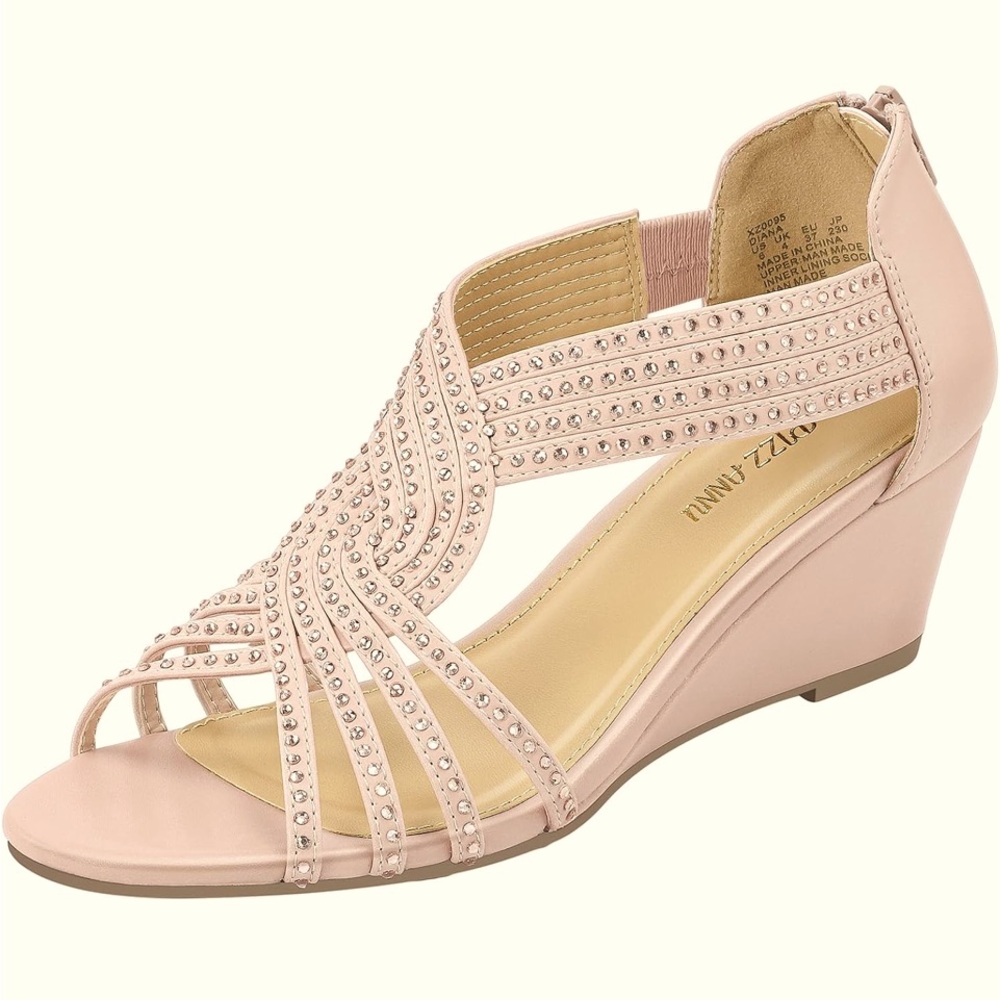 Pizz Annu Diana Low Heel Open Toe Sandals Low Heel Rhinestone Rode Gold Sz 9.5
